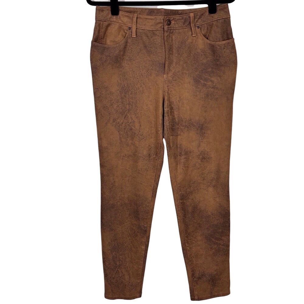 Chicos Vegan Faux Suede Pants Brown Worn Luggage Size 1R US 8R Medium Slim Fit